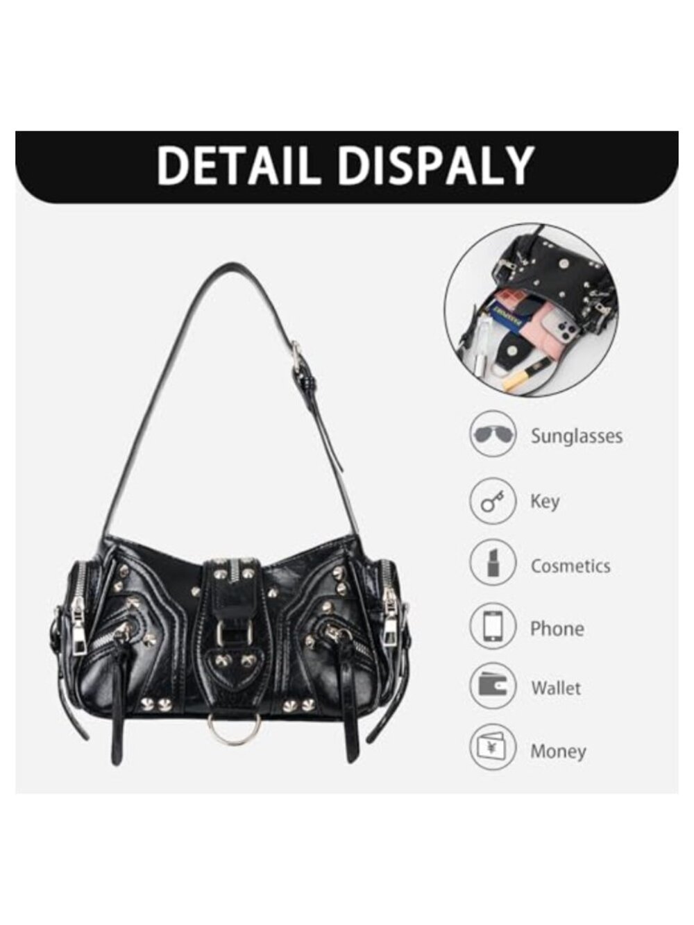 Y2K Studded Buckle Shoulder Bag Vegan PU Leather Goth Mini Purse - Picture 4 of 6